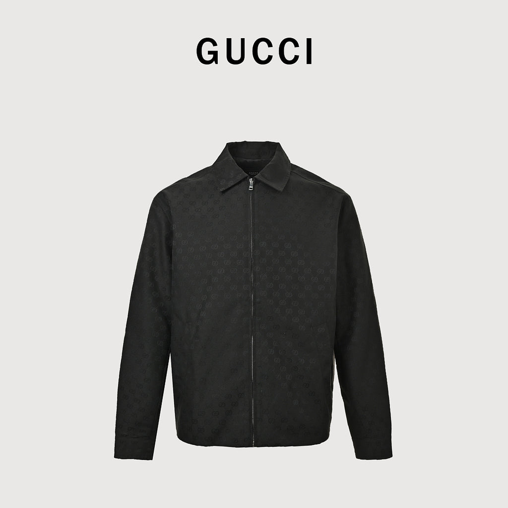 Gucci All-Over GG Jacquard Zip-Front Jacket with Fold-Over Collar