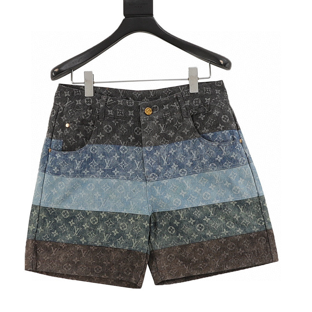 Louis Vuitton All-Over Print Paneled Denim Shorts