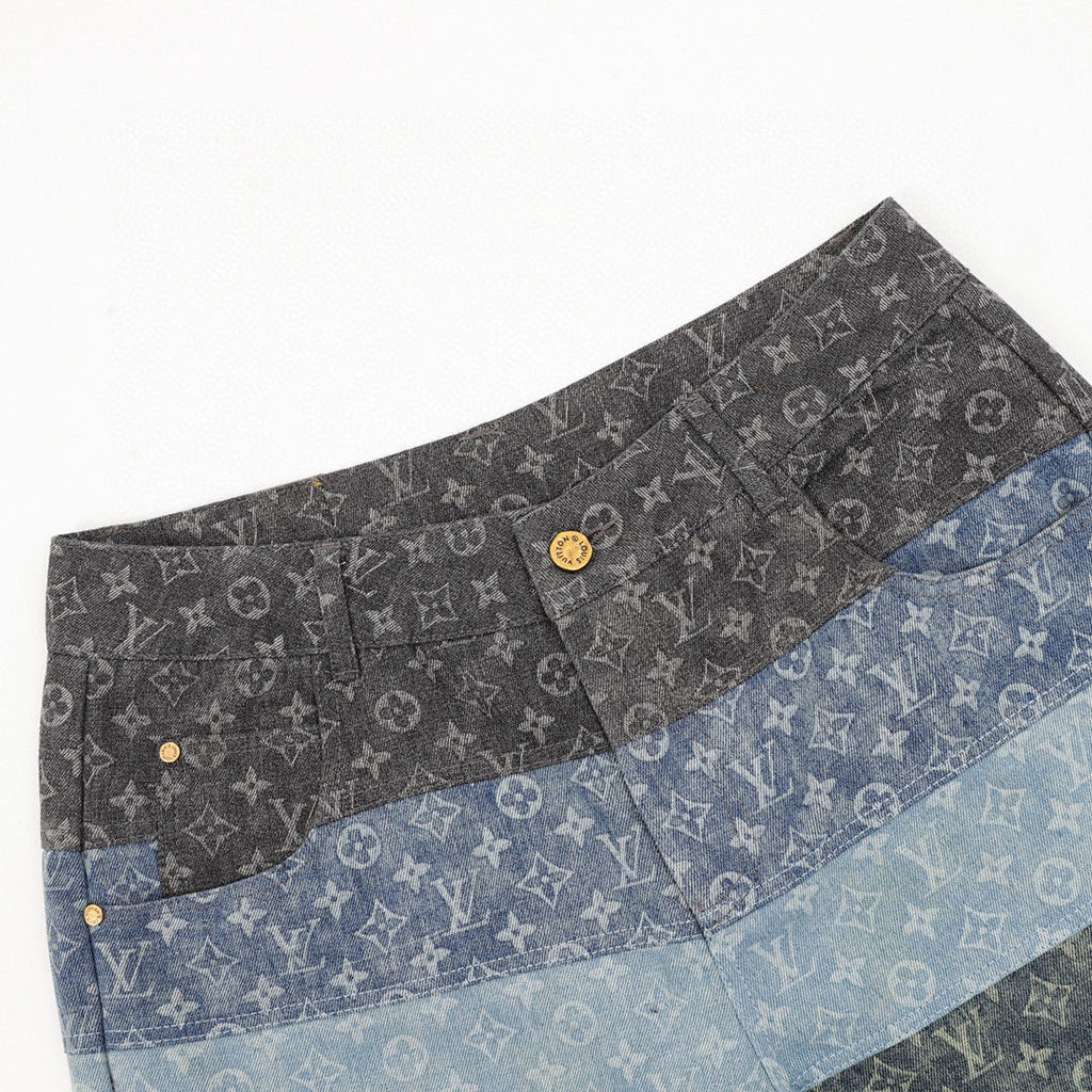 Louis Vuitton All-Over Print Paneled Denim Shorts
