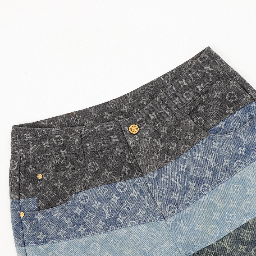 Louis Vuitton All-Over Print Paneled Denim Shorts