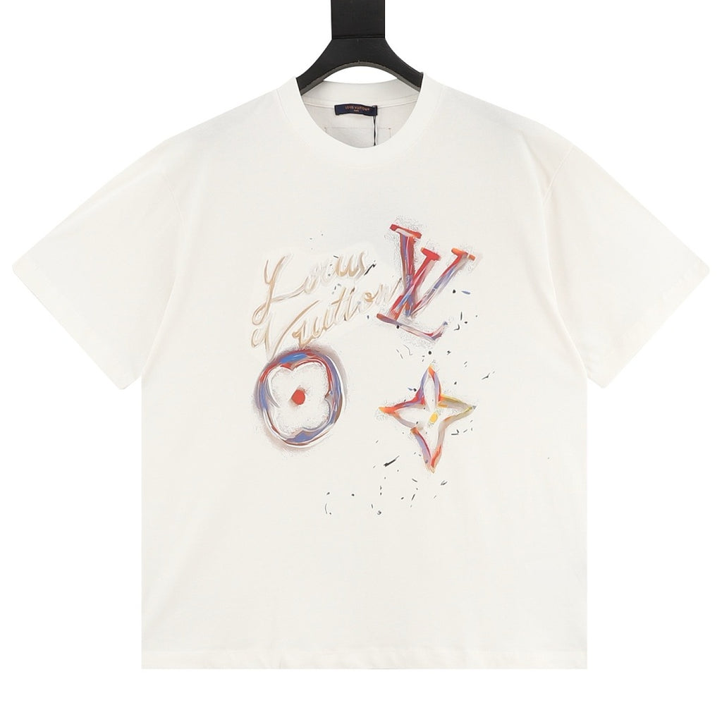 Louis Vuitton Short-Sleeve T-Shirt featuring Oil Painting Splatter, Handwritten Signature, and Embossed Relief Details.
