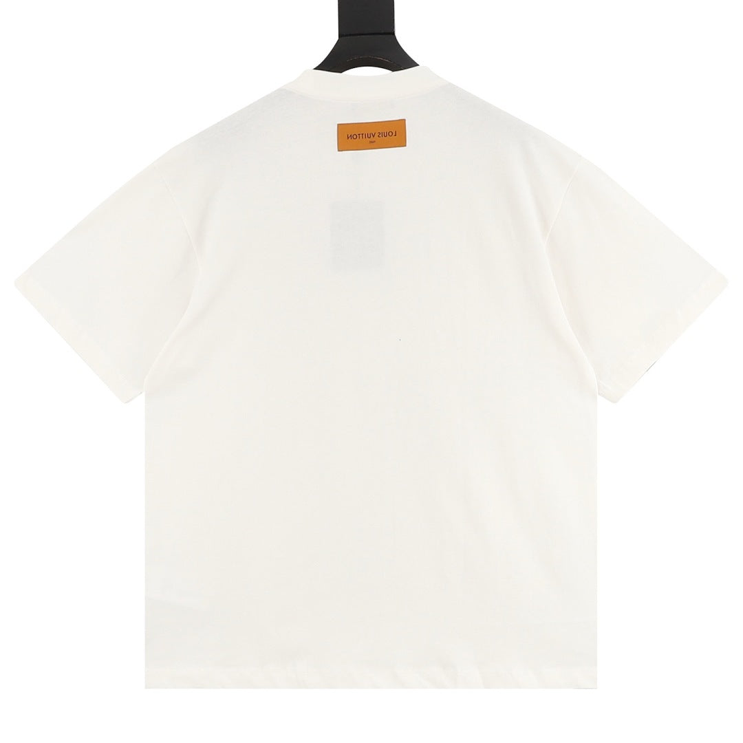 Louis Vuitton Short-Sleeve T-Shirt featuring Oil Painting Splatter, Handwritten Signature, and Embossed Relief Details.