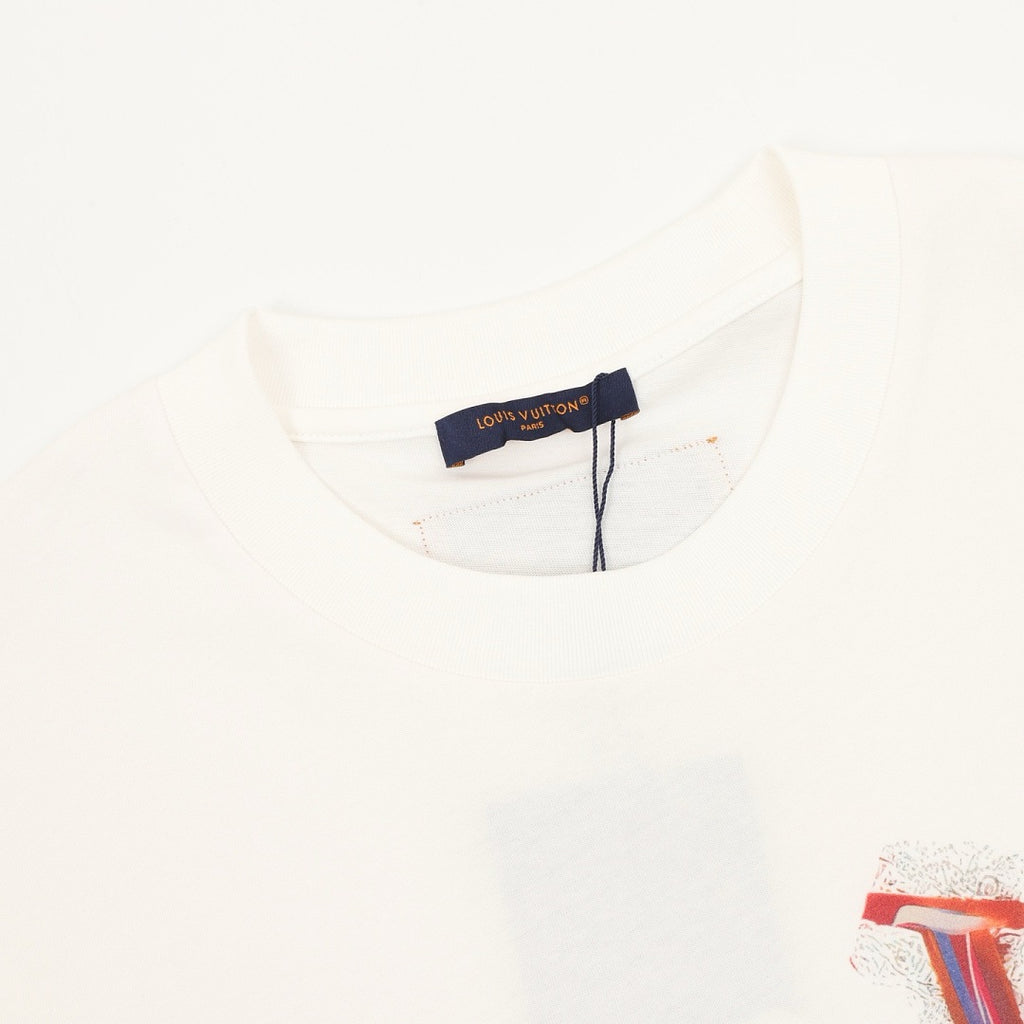 Louis Vuitton Short-Sleeve T-Shirt featuring Oil Painting Splatter, Handwritten Signature, and Embossed Relief Details.