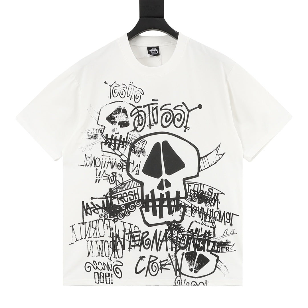 Stussy Loose-Fit All-Over Skull Print T-Shirt