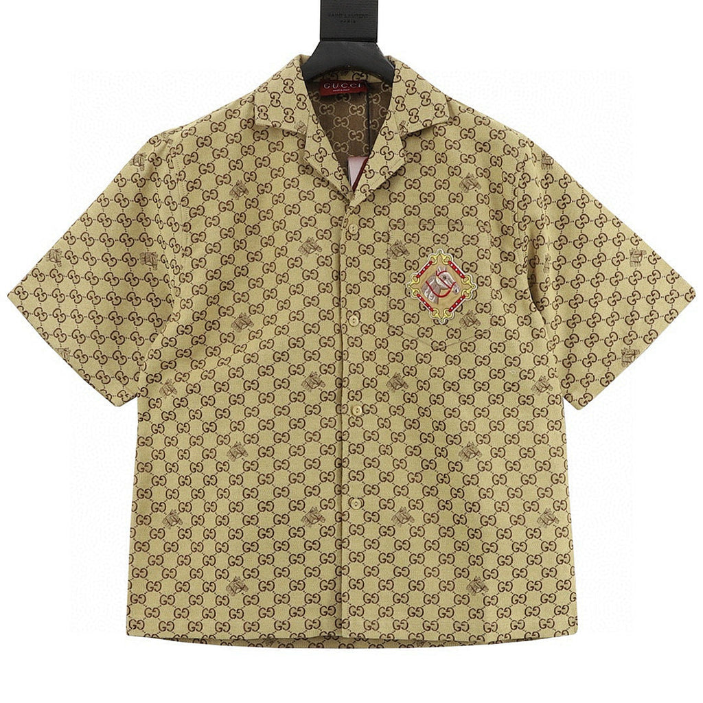 GUCCI Classic GG Monogram Embroidered "Year of the Horse" Badge Cuban Collar Shirt