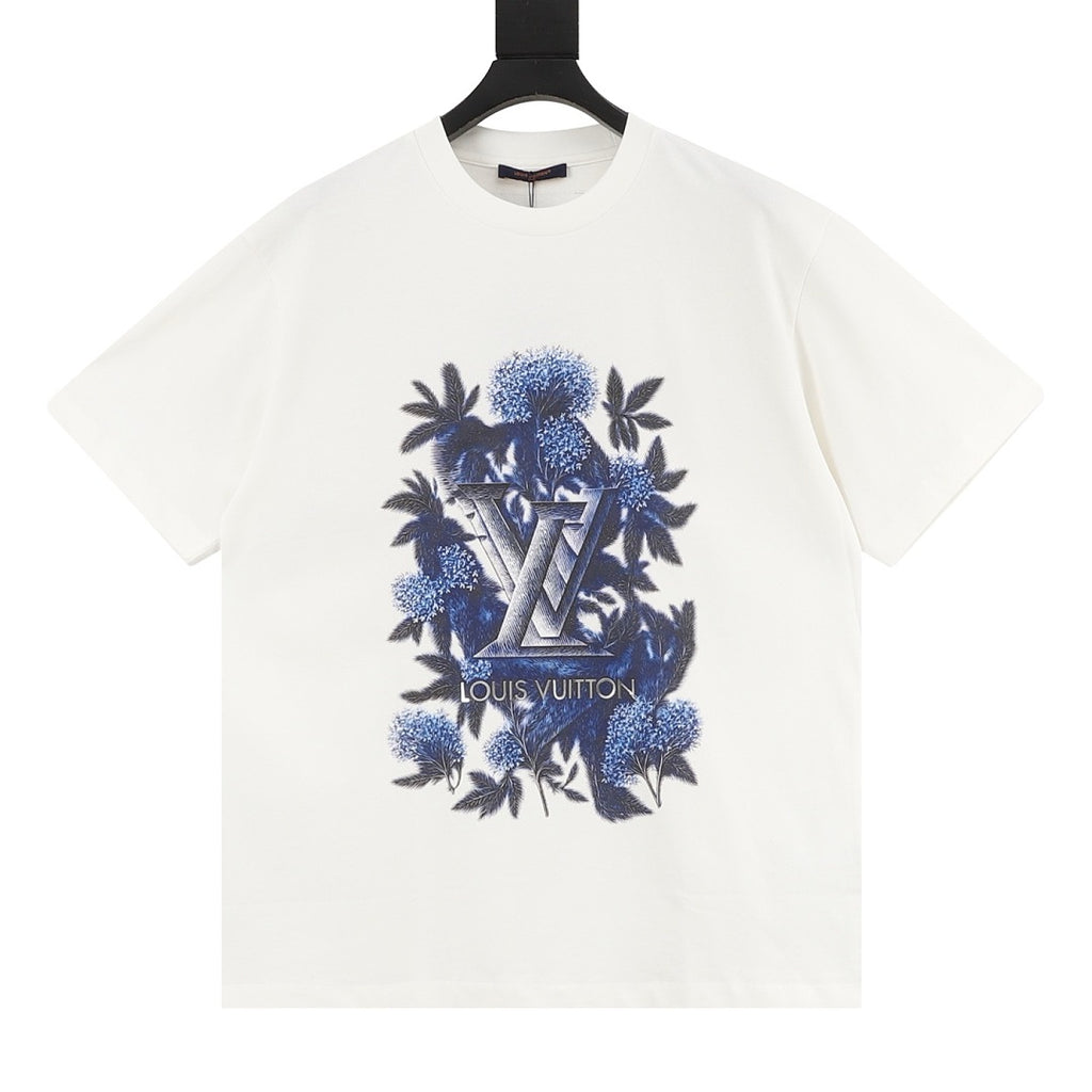 Louis Vuitton Short-Sleeve T-Shirt with Ink-Wash Blue Floral Print and 3D Logo