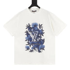 Louis Vuitton Short-Sleeve T-Shirt with Ink-Wash Blue Floral Print and 3D Logo