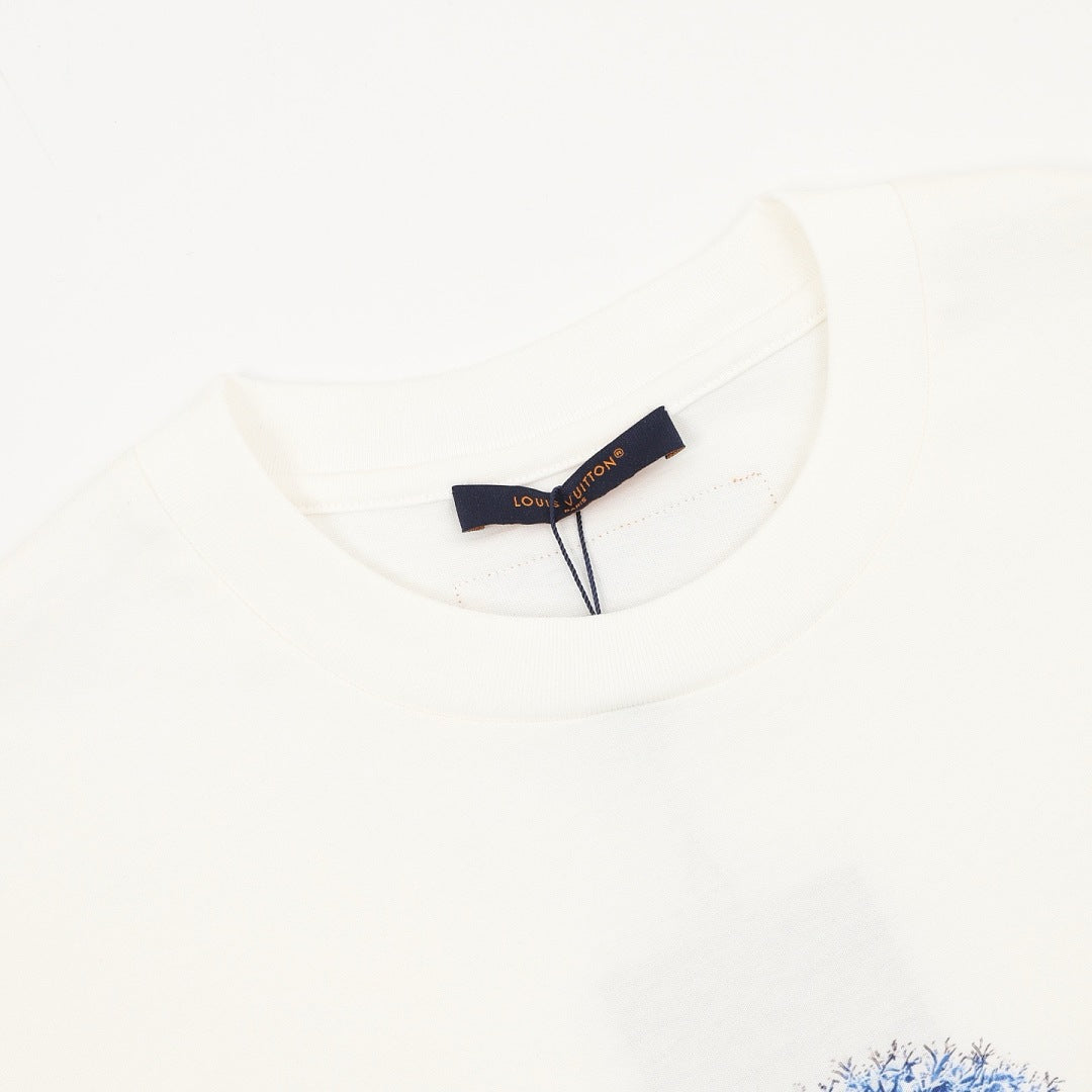 Louis Vuitton Short-Sleeve T-Shirt with Ink-Wash Blue Floral Print and 3D Logo
